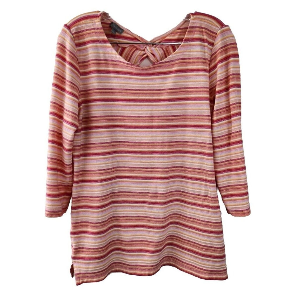 T by TALBOTS Women's Medium Pink Orange Cotton Striped Keyhole Back Top